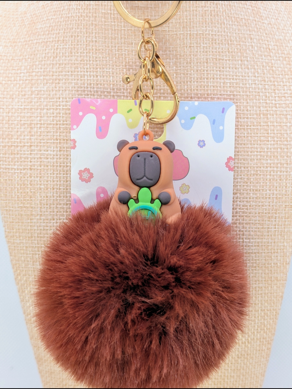 Capybara With Turtle Pom Poof Keychain Bag Charm